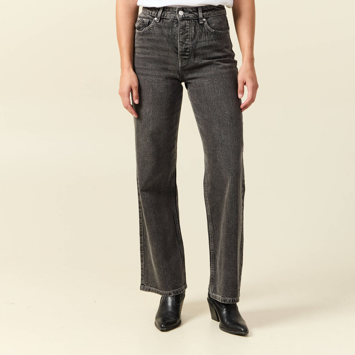 Jeans large taille haute denim snow gris femme
