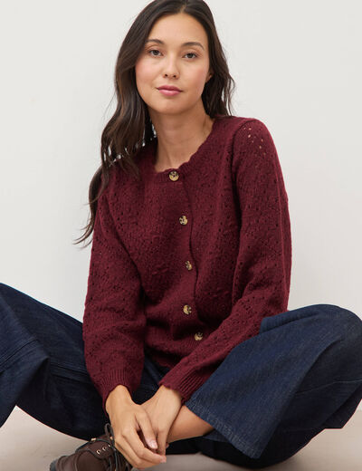 Gilet manches longues col rond bordeaux femme