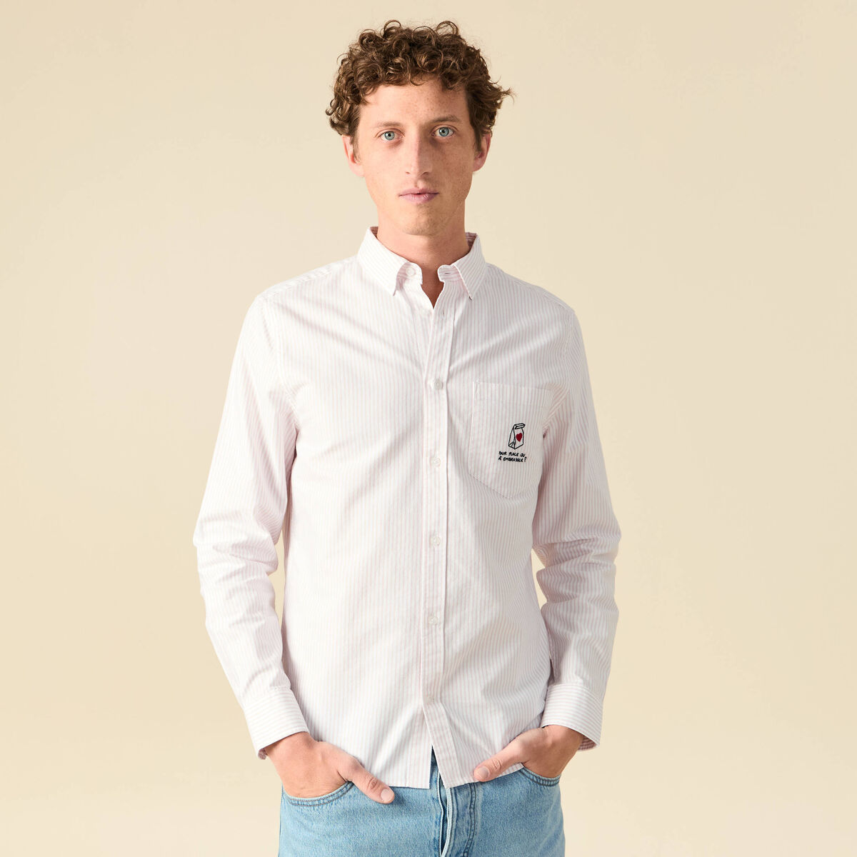 Chemise droite en coton rose poudr&eacute;e homme