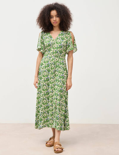 Robe fluide col v manches courtes vert femme