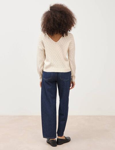 Pull oversize col v manches longues creme femme