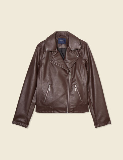Blouson biker simili cuir marron femme