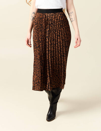 Jupe longue droite plissée marron foncé femme