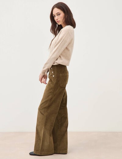 Pantalon large taille haute en velours vert olive femme