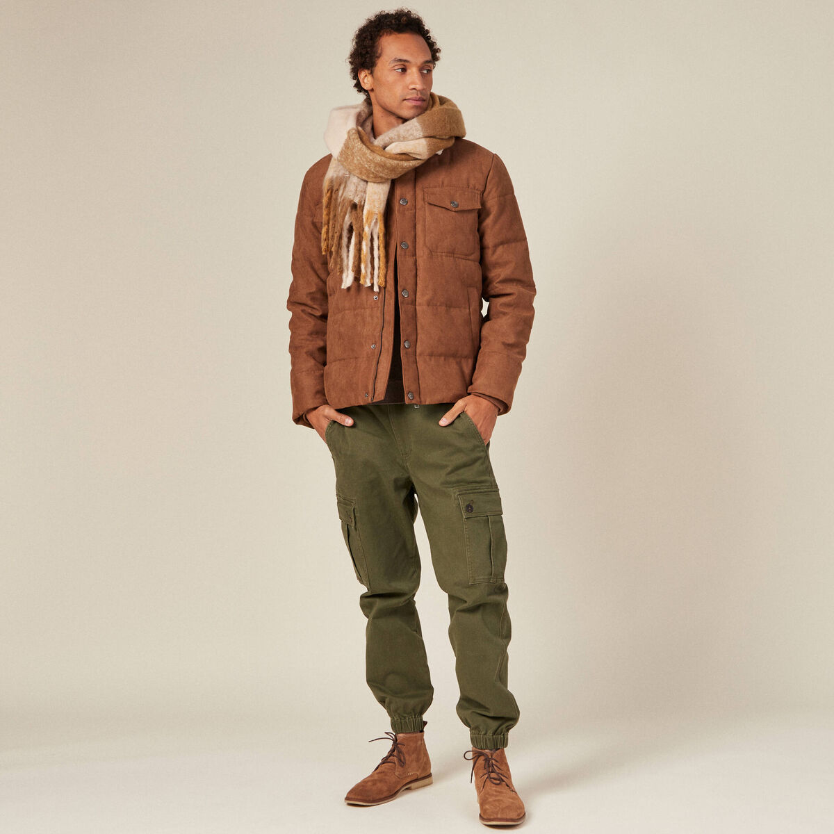 Doudoune suédine droite marron homme