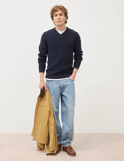 Pull col v manches longues bleu marine homme