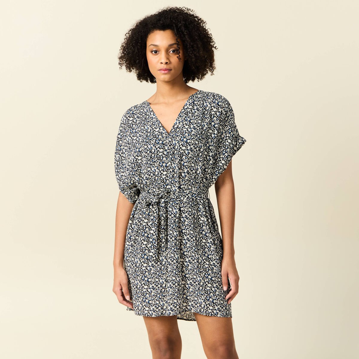 Robe droite fluide ceinturée bleu femme