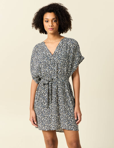 Robe droite fluide ceinturée bleu femme