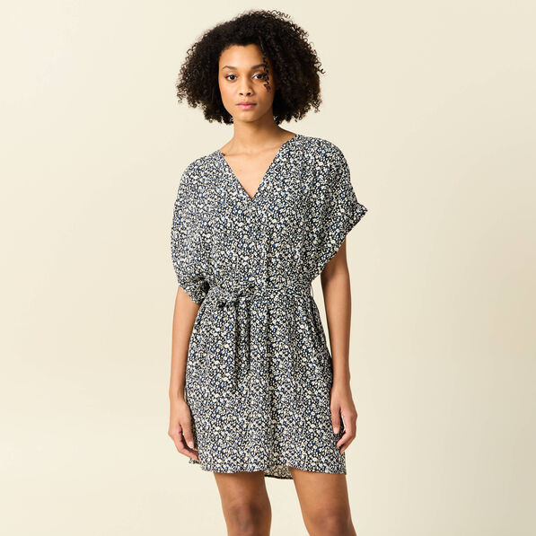 Robe droite fluide ceinturée bleu femme