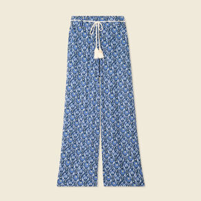 Pantalon large ceinturé bleu femme
