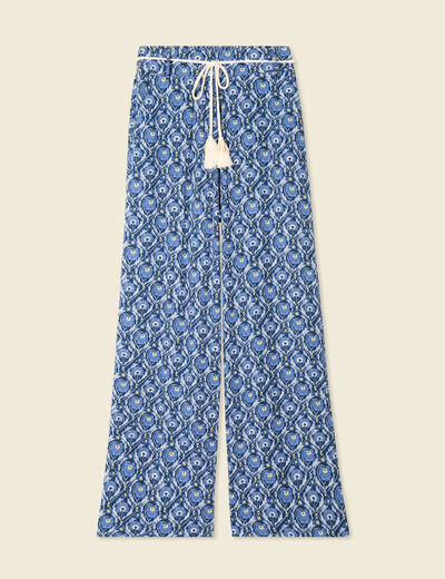 Pantalon large ceinturé bleu femme
