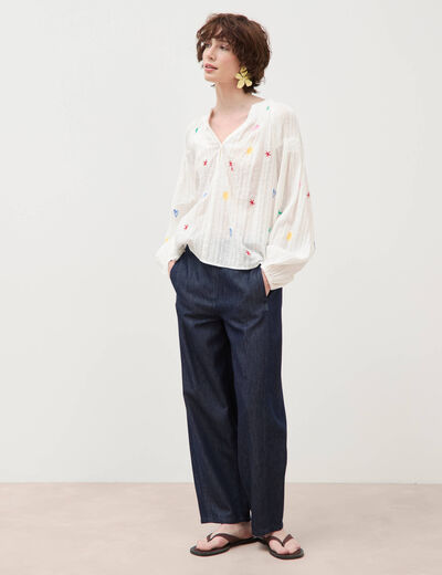 Blouse ample col mao manches longues ecru femme