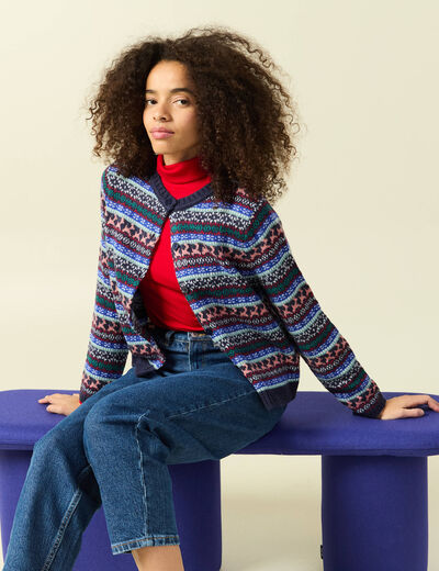 Gilet manches longues sp&eacute;cial no&euml;l bleu marine femme