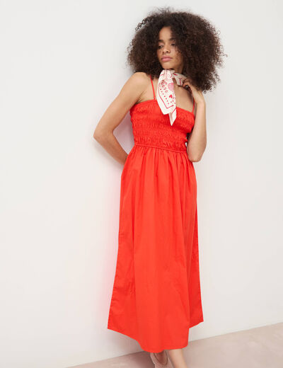Robe bretelles col carr&eacute; en coton orange fonc&eacute; femme