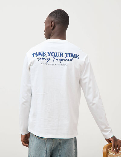T-shirt droit en coton manches longues blanc homme
