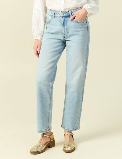 Jeans straight 7/8&egrave;me taille haute denim bleach femme