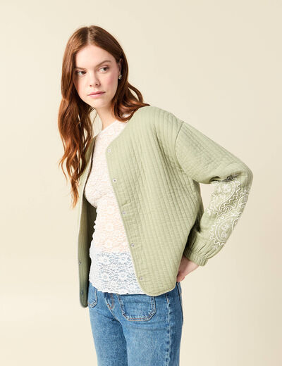 Cardigan droit court col rond brod&eacute; vert kaki femme