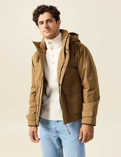 Parka droite courte &agrave; capuche beige homme
