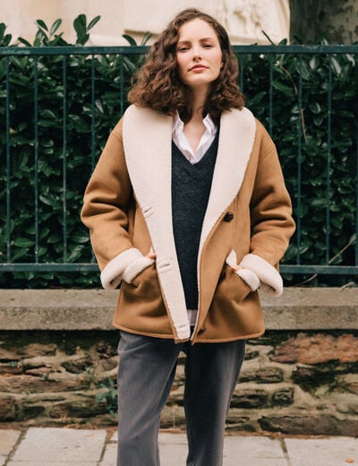 Manteau suédine col châle marron femme