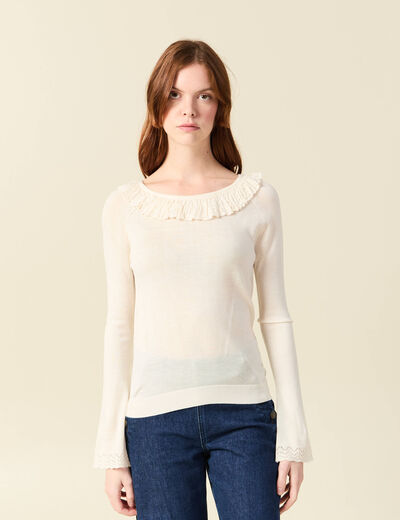 Pull col rond &agrave; volants manches longues ivoire femme