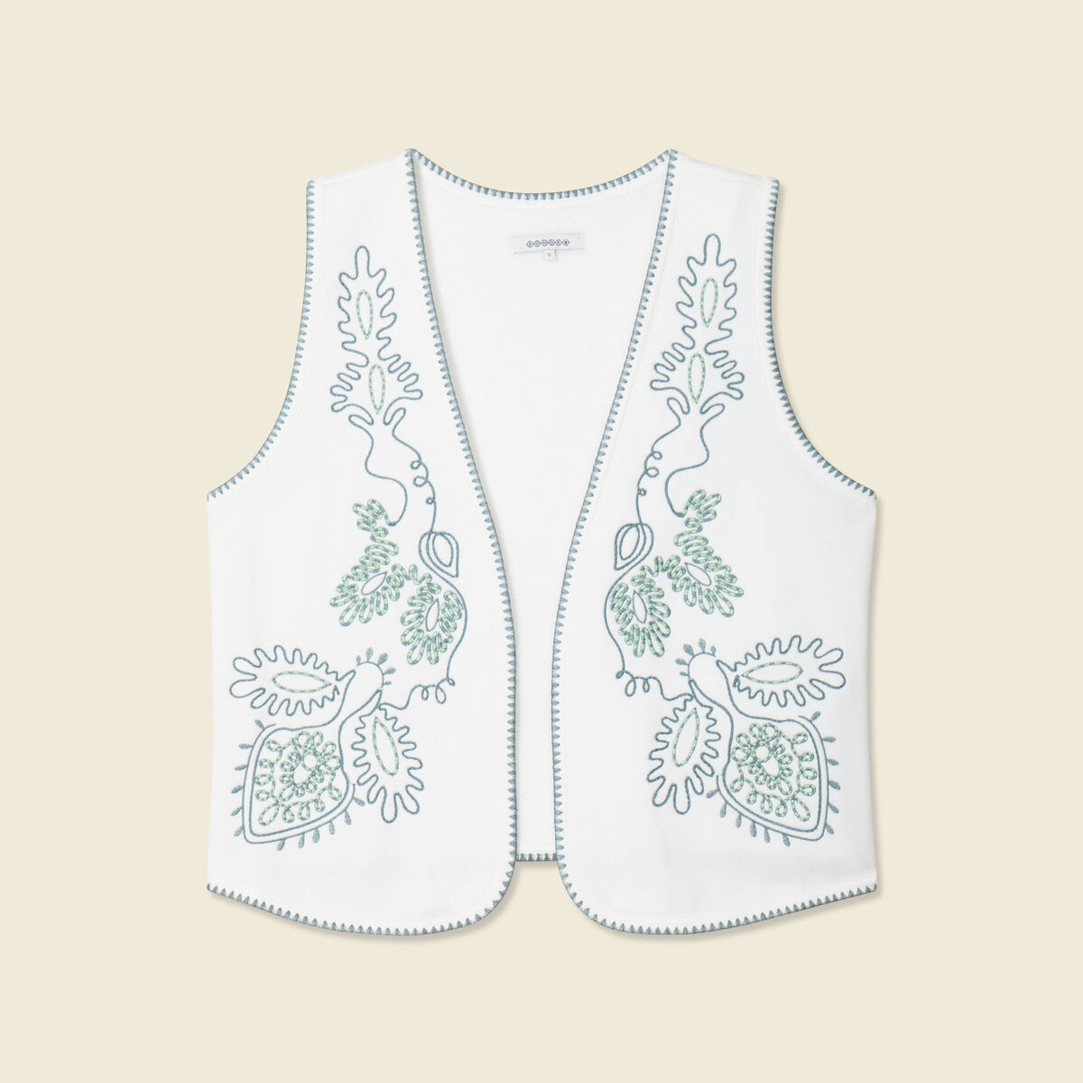 Gilet sans manches brodé ecru femme