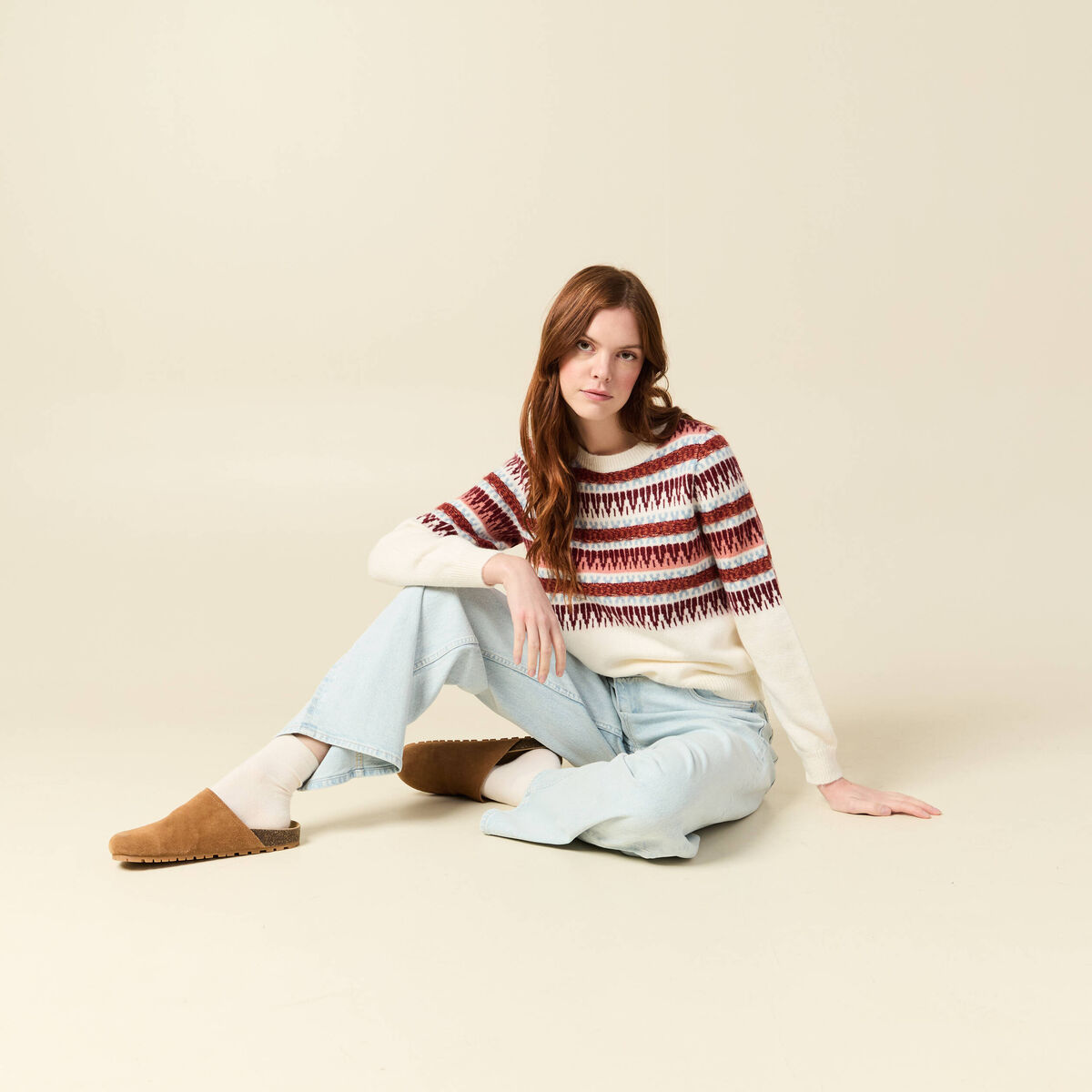 Pull manches longues col rond ecru femme