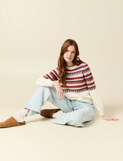 Pull manches longues col rond ecru femme