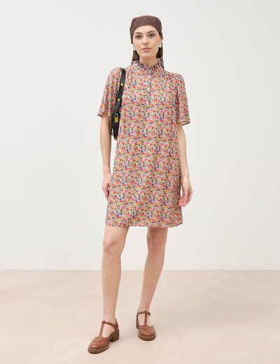Robe manches courtes col montant multicolore femme