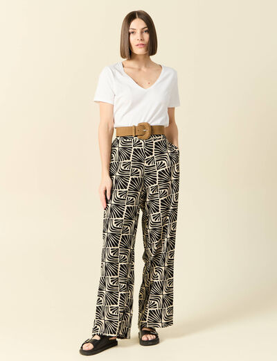 Pantalon large taille haute creme femme