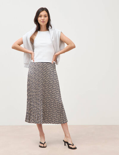 Jupe longue droite pliss&eacute;e bleu marine femme
