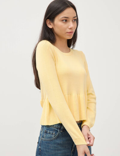 Pull col rond manches longues jaune clair femme