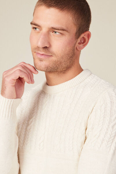 Pull manches longues torsades ecru homme
