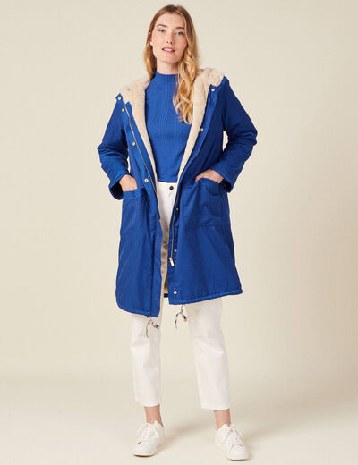 Parka droite à capuche doublée bleu electrique femme