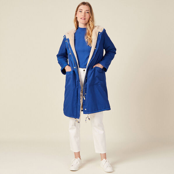 Parka droite à capuche doublée bleu electrique femme