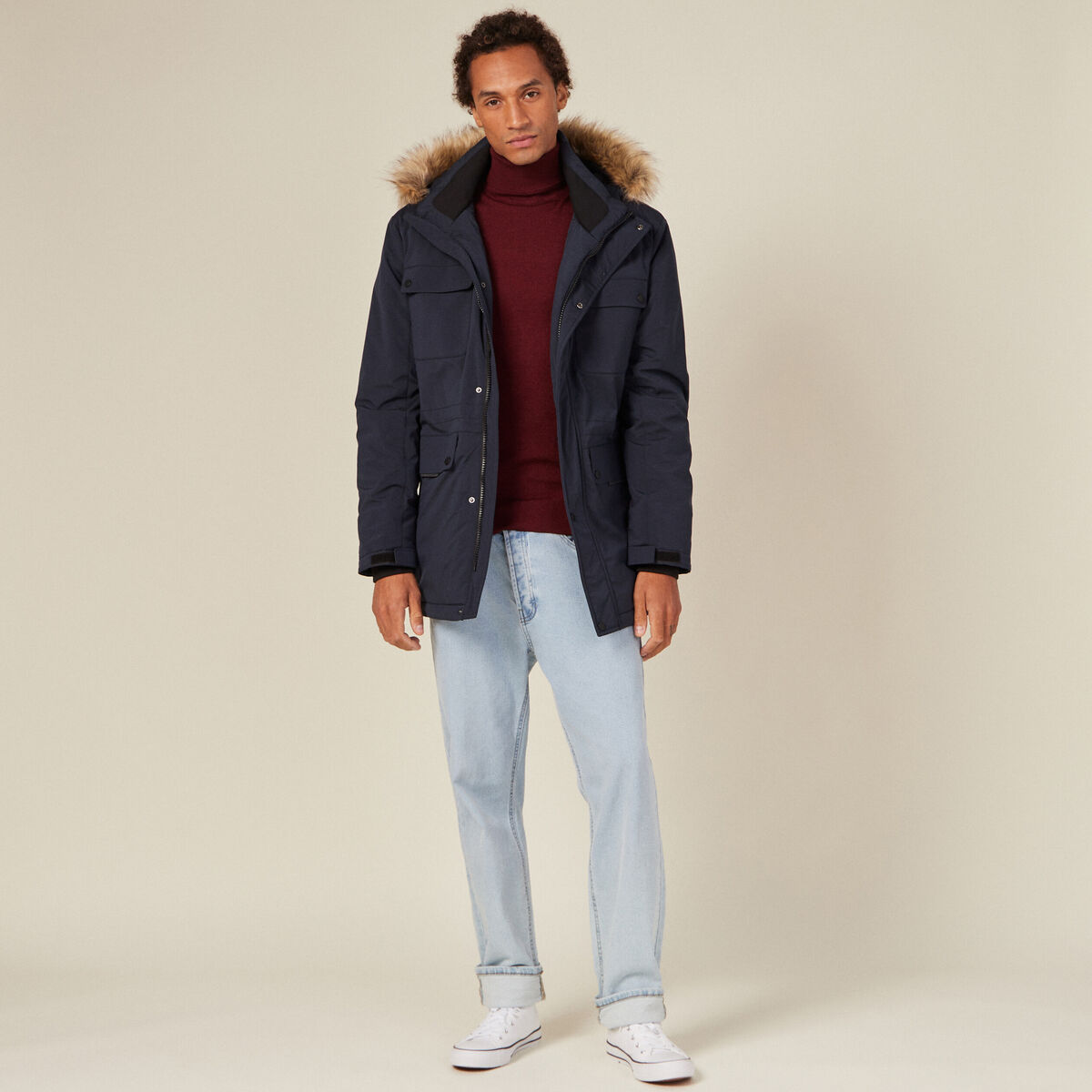 Parka droite à capuche bleu foncé homme