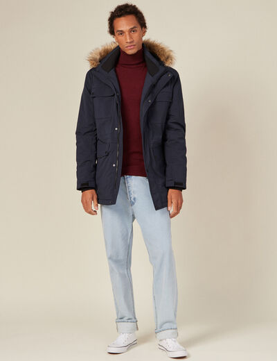 Parka droite à capuche bleu foncé homme