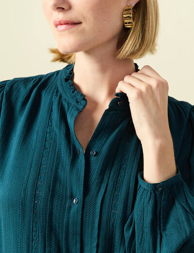 Blouse droite courte d&eacute;tail dentelle bleu canard femme