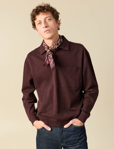 Polo ample manches longues col polo marron fonc&eacute; homme