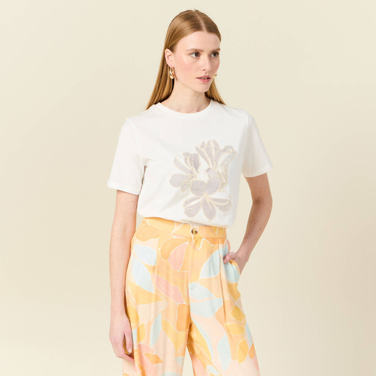 T-shirt manches courtes brodé creme femme
