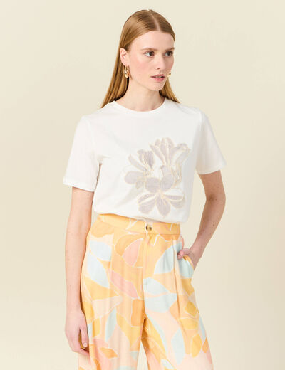 T-shirt manches courtes brodé creme femme