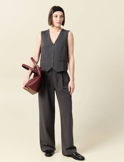 Pantalon large ceinture tissu fluide gris femme