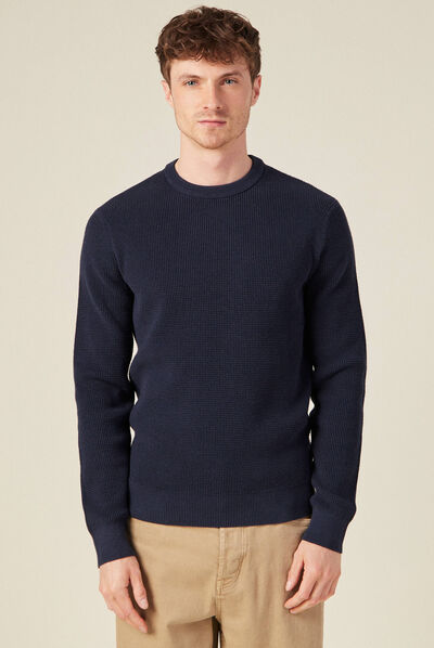 Pull manches longues col rond bleu foncé homme