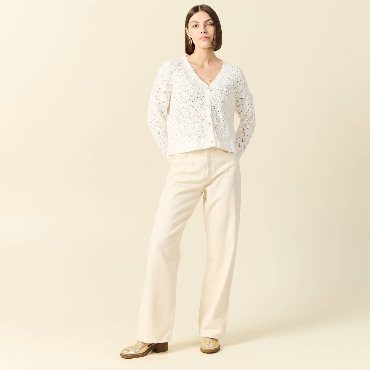 Gilet manches longues ajouré ecru femme