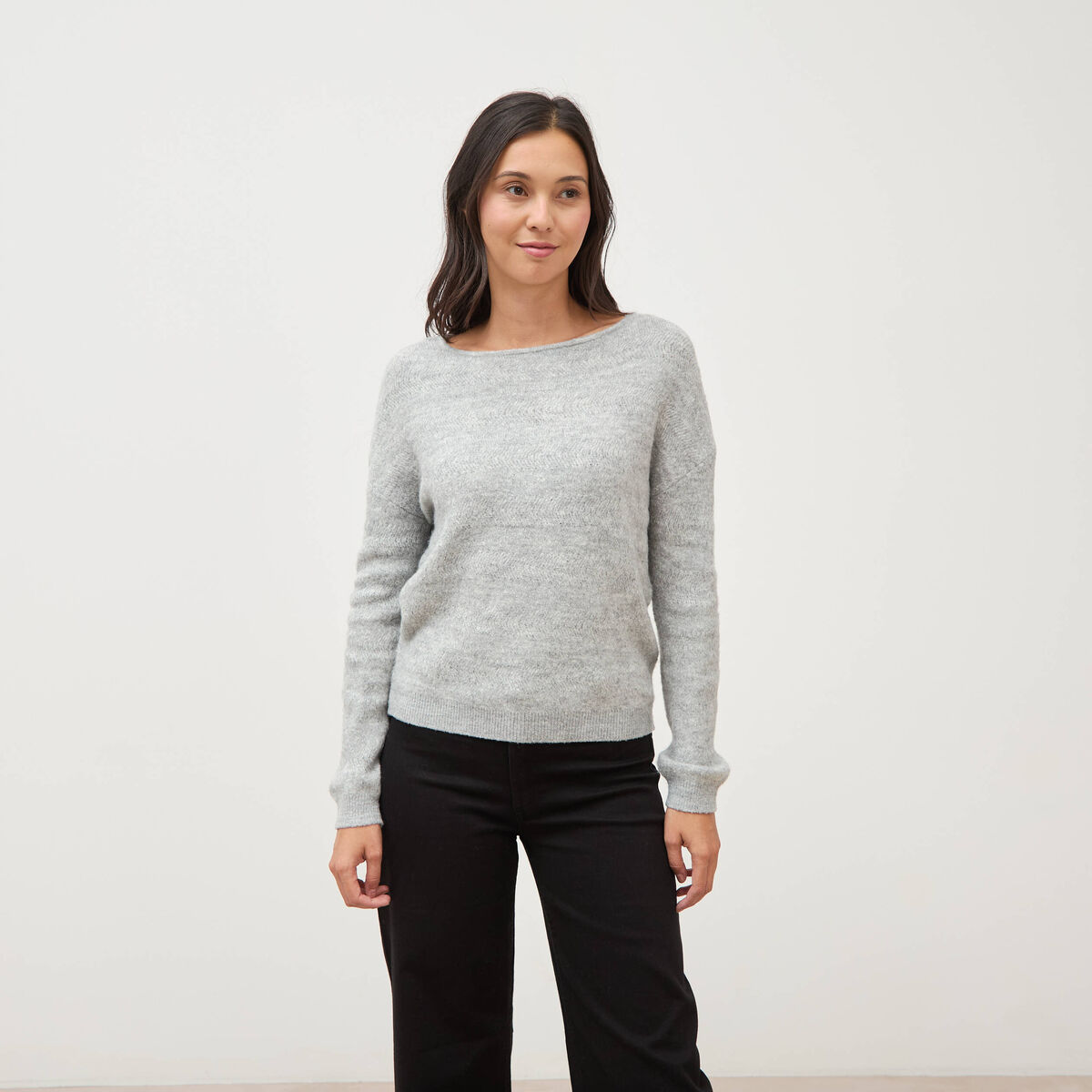 Pull manches longues col bateau gris femme