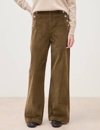 Pantalon large taille haute en velours vert olive femme