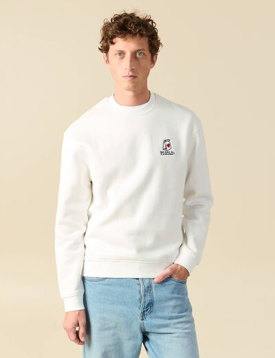 Sweat ras de cou manches longues brod&eacute; ecru homme