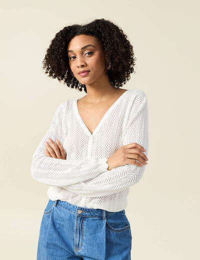 Gilet dos devant ajouré ecru femme
