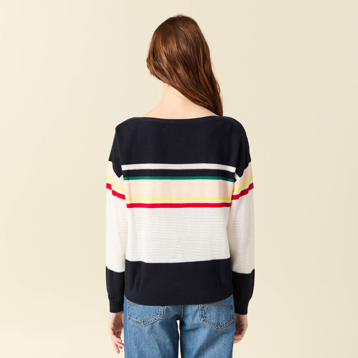Pull col bateau manches longues en coton bleu marine femme