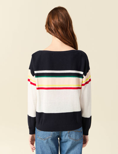 Pull col bateau manches longues en coton bleu marine femme