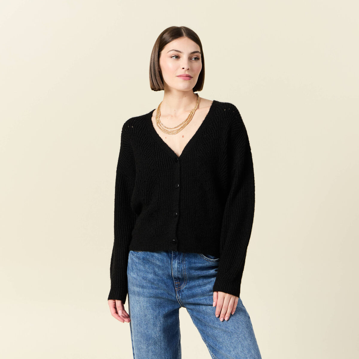 Gilet ajouré col V manches longues noir femme